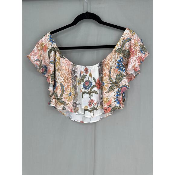 Show Me Your Mumu Top Womens XS White Floral Off Shoulder Crop Ruffle Nica Boho - Picture 3 of 9